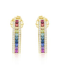 Diamond Bar Earrings Natural Colorful Sapphire in 14K Yellow Gold Push Present