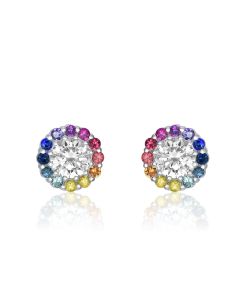 14K 18K White Gold Stud Sapphire Earrings 5mm Centre Stone Round Shaped Studs Rainbow Sunflower inspired Jewelry MOISSANITE or CZ