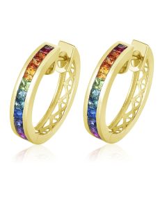 14K Gold Sapphire Earrings, Rainbow Medium Hoop Huggies, Channel Set 2 Carat Princess Cut