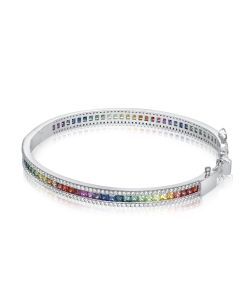 Glimmering Simulated Diamond Natural Sapphire Bangle Perfect Layering Bracelet in Solid Silver Rainbow Gemstone