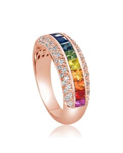 Diamond Wedding Band Natural Rainbow Sapphire Ring 14K Rose Gold
