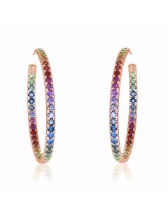 Large Hoop Earrings Rose Gold Rainbow Sapphire Pave Set Natural Gemstones Earrings