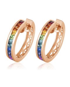 14K Rose Gold Rainbow Earrings, Natural Sapphire Earrings 2 Carat, Colorful Gemstone Made Medium Hoop Huggies