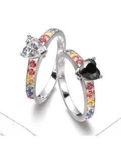 Black Sapphire Poker Heart Engagement Ring 14K White Gold Natural Rainbow Sapphire Shank 