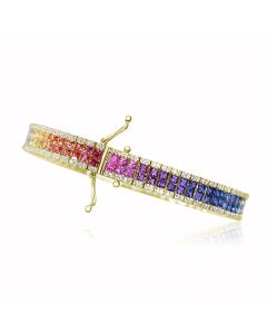Pave Diamonds Bracelet & Rainbow Sapphire 14K 18K Yellow Gold 15 Carats Natural Gemstone Bracelet