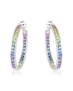 Rainbow Sapphire Earrings Channel Set Hoop Huggie 14K White Gold (8.8ct tw) By:rainbowsapphirejewelers.com