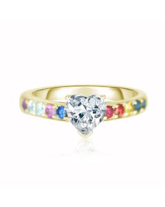 Heart Shaped Centre Sapphire Alternative Engagement Ring Pink Blue Rainbow Romantic Promise Ring 14K Yellow Gold