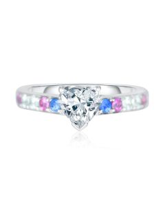 Sapphire Engagement Ring Blue & Pink Sapphire Ring Pastel Silver Ring Heart Shape Simulated Diamond Centre Dainty Promise Ring