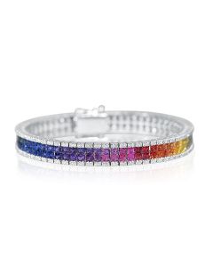 25 Carats Bracelet Rainbow Sapphire & Diamond Double Row Invisible Set Tennis Bracelet 14K White Gold