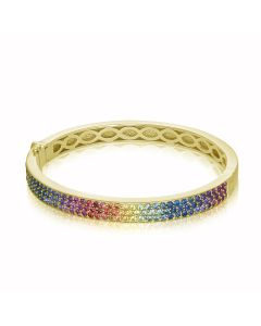 PAVE Stack Hinge Bangle Bracelet Natural Rainbow Sapphire 14K Yellow Gold Ombre Stone Layering Bracelet