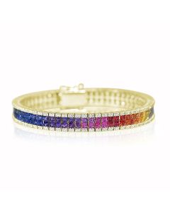 3.1mm Princess Sapphires Bracelet Natural Sapphires & Diamonds in 14K Yellow Gold Chain Link Gemstones Bracelet for Her