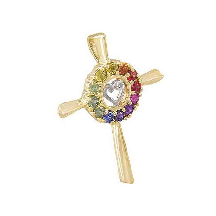 Rainbow Sapphire Heart Crucifix Religious Pendant 18K Yellow Gold (0.6ct tw)